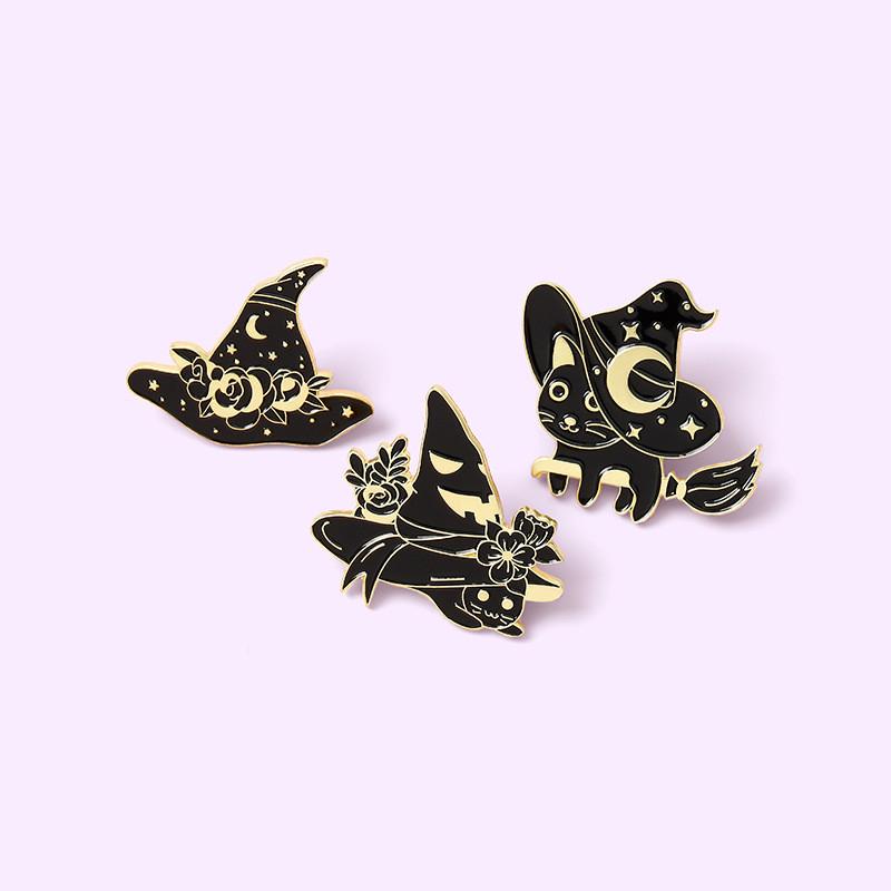 Black Cat Adorable Witch Hat Brooch Elegant Alloy Design For Spooky Looks Halloween