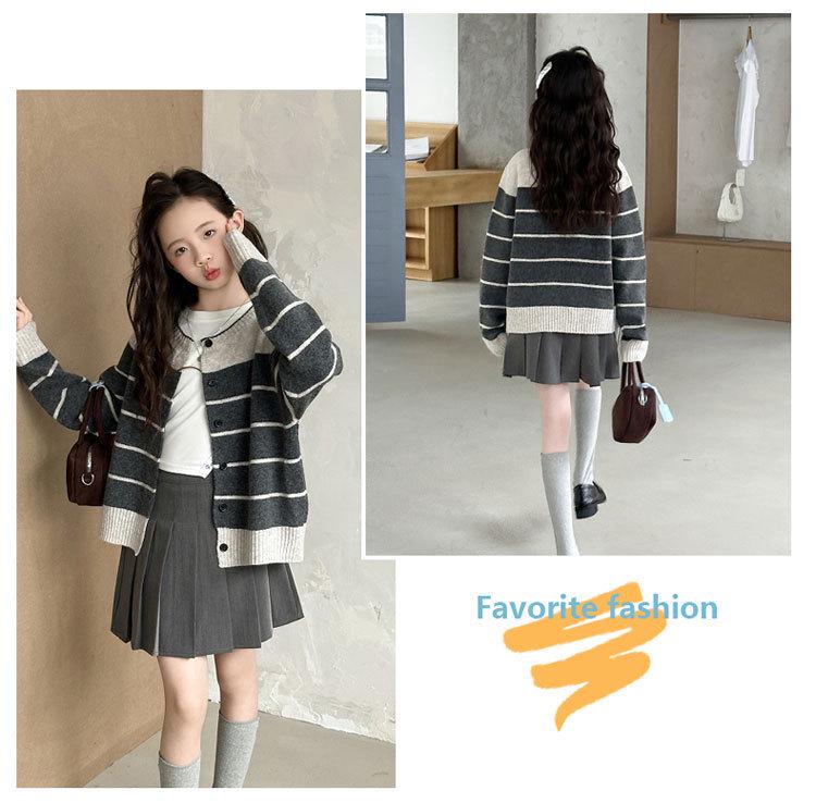 2025 Girls' Striped Knit Cardigan Sweater - Trendy Spring & Autumn Fashion for Big Children
