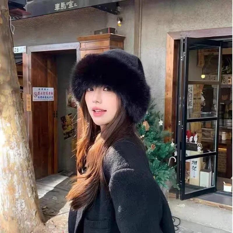 1Pcs Winter Women's Warm Hat with Thick Velvet Imitation Fur Fashion Fisherman's Hat Outdoor Windproof Ear Protection Hat