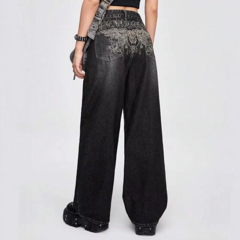 Womens Wide Leg Straight Cut Denim Pants With Embroidered Dagger Detail Loose Fit Streetwear Style