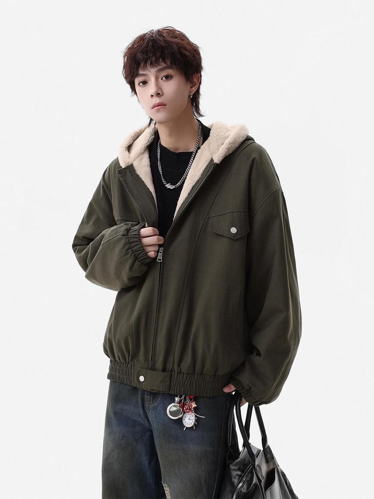 Zuoshan Diao Men's Hooded Cotton Jacket: Winter Velvet, Thick, Loose Fit, Youthful Trendy American Workwear Style.