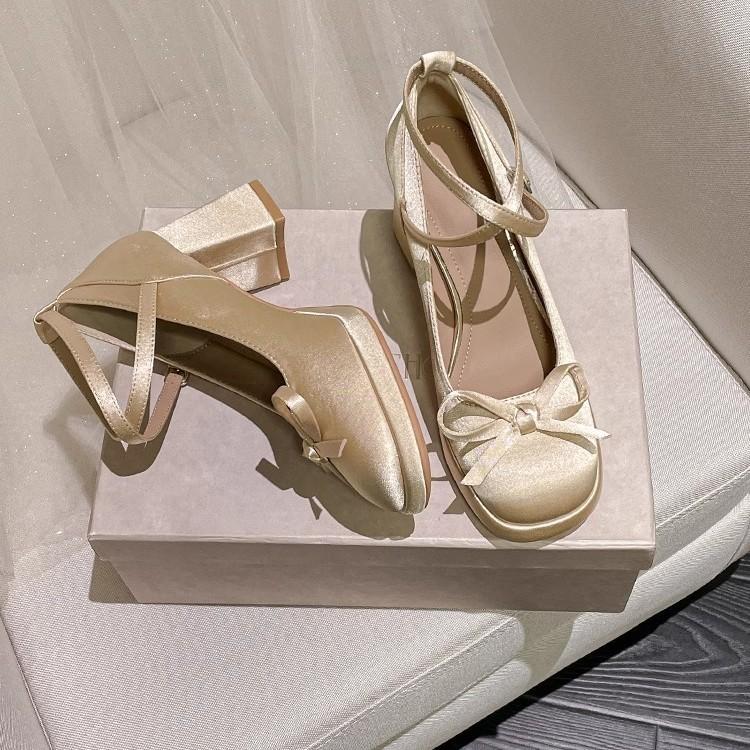 Satin Mary Jane shoes French gentle soft sole small single shoes women's spring 2025 bow lo high heels shallow mouth
