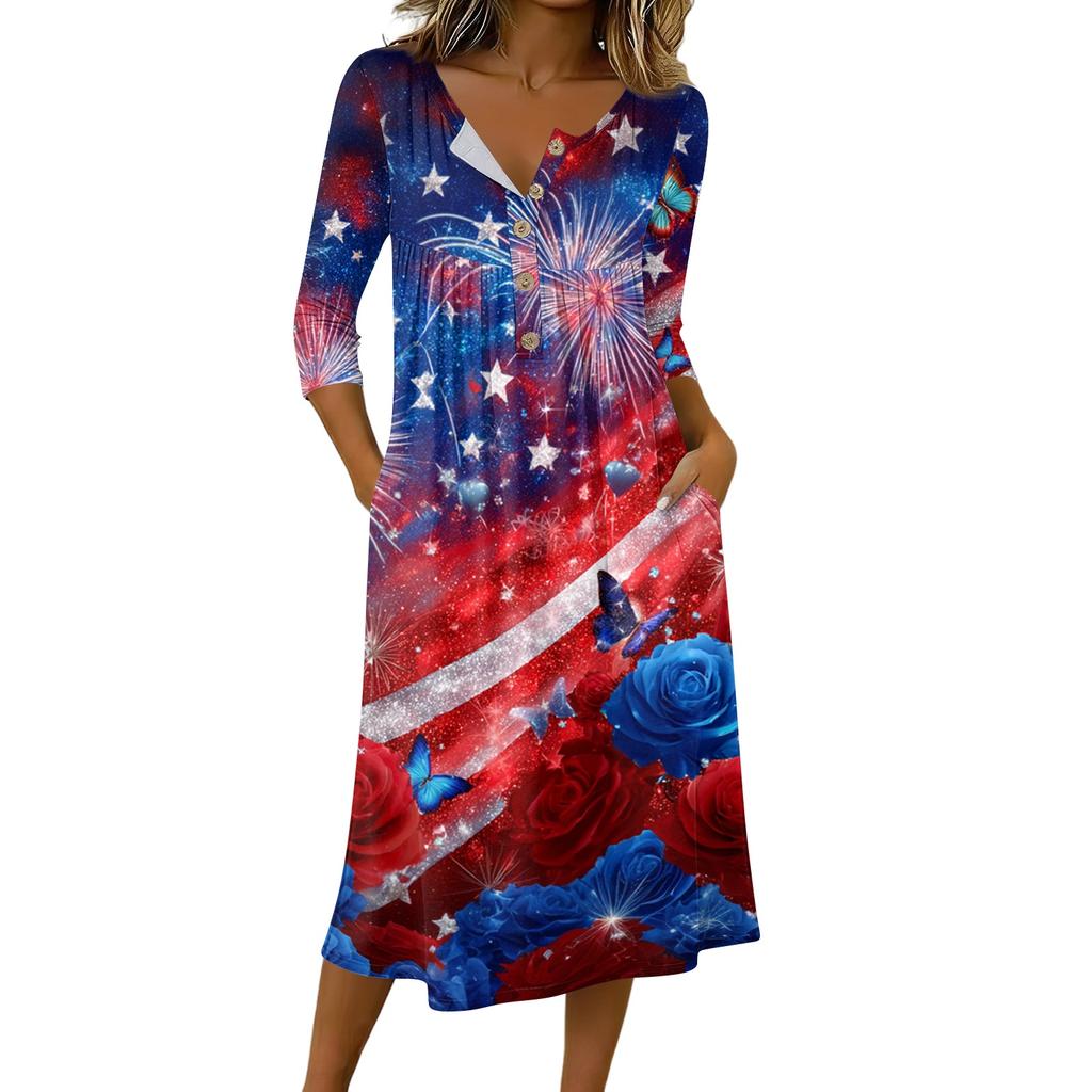 Women’s Casual 34 Sleeve Button Neck Printed Midi Dress with Pocket Loose Fit Soft Fabric Flag Pattern Design
