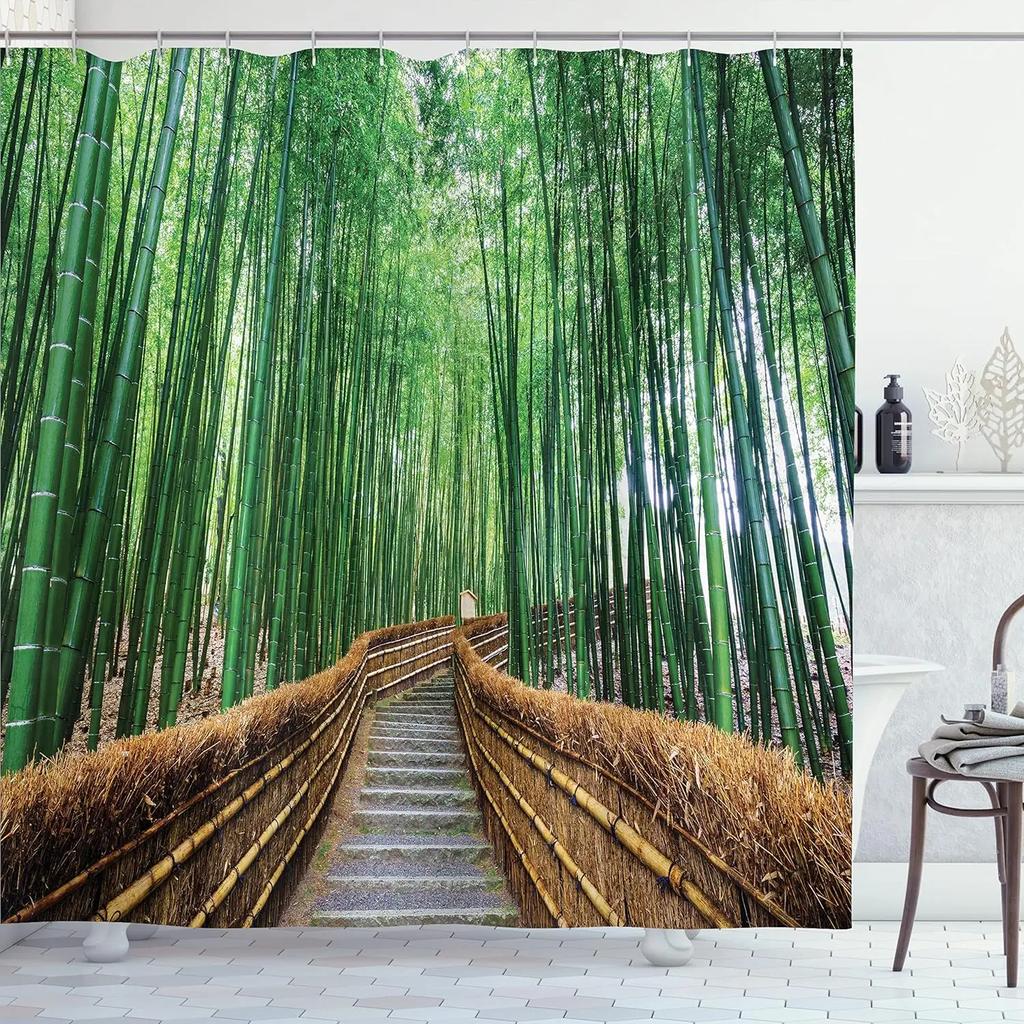 Unframed Bamboo Zen Shower Curtain Green Nature Forest Stone Spa Candle Summer Tropical Bamboo Forest Orchid Bathroom Decor With