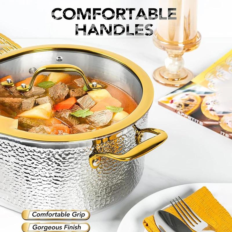 MICHELANGELO Dreilagiger Edelstahl Suppentopf mit Deckel Luxus Gehammerte Antihaftpfanne 6-Quart-Topf Goldener Griff Induktions-Suppentopf