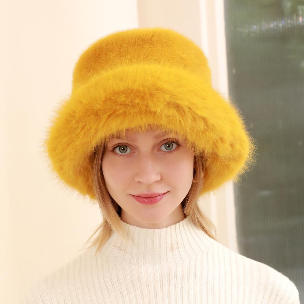 Women Head Accessories Thick Warm Faux Fox Fur Bucket Winter Hat Set Cap