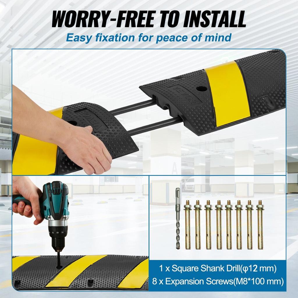 2PCs 6 Ft/72'' Rubber Speed Hump, 2 Channel, 22000 Lbs Capacity Heavy Duty Traffic Speed Bump, with High Reflective Yellow Strip 8 Expansion Screws
