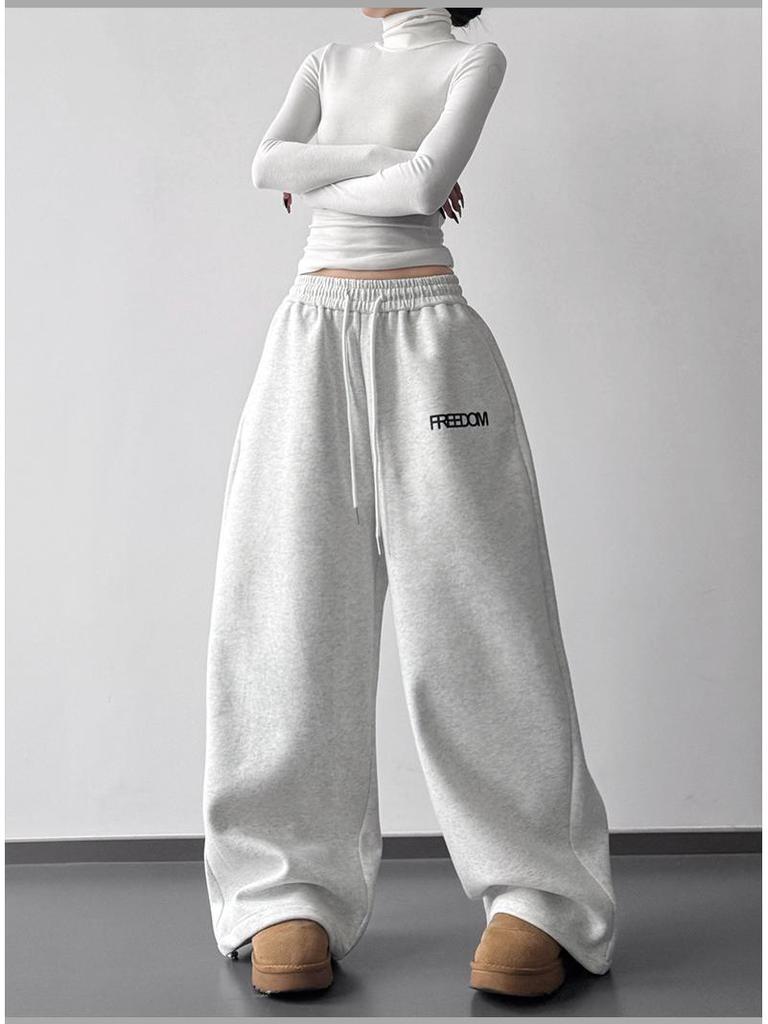 2026 Fall/Winter Red High-Waisted Wide-Leg Women's Sweatpants - Slimming, Casual, Sporty, with Drawstring, Long and Loose Fit.