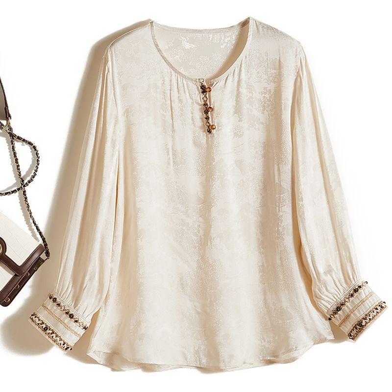 

Темный узор Сатин Тенсел Хлопок круглый вырез Вышитый Длинный рукав Пуловер Рубашки Этнический стиль Женская Свободная Дышащая Футболка Элегантная Beige XL