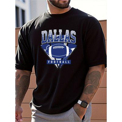 Men's Dallas Football Graphic Oversize T-shirt Relaxed Fit Black with White Blue Print Perfect for Sports Casual Wear and Outdoor Activities Gift