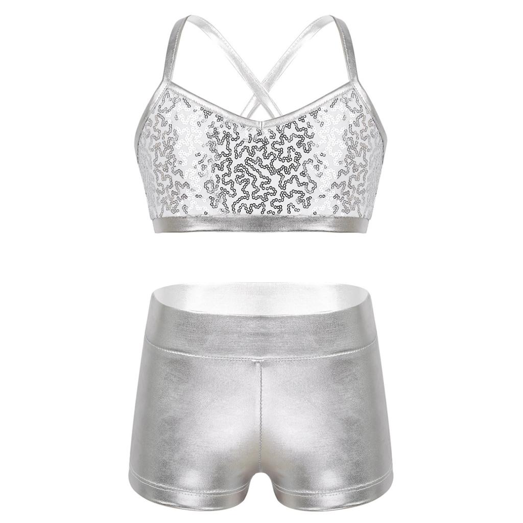 Kids Girls 2 Piece Ballet Active Outfits Shiny Tank Top with Booty Shorts Gymnastics Leotard Dance Gym Workout Clothes