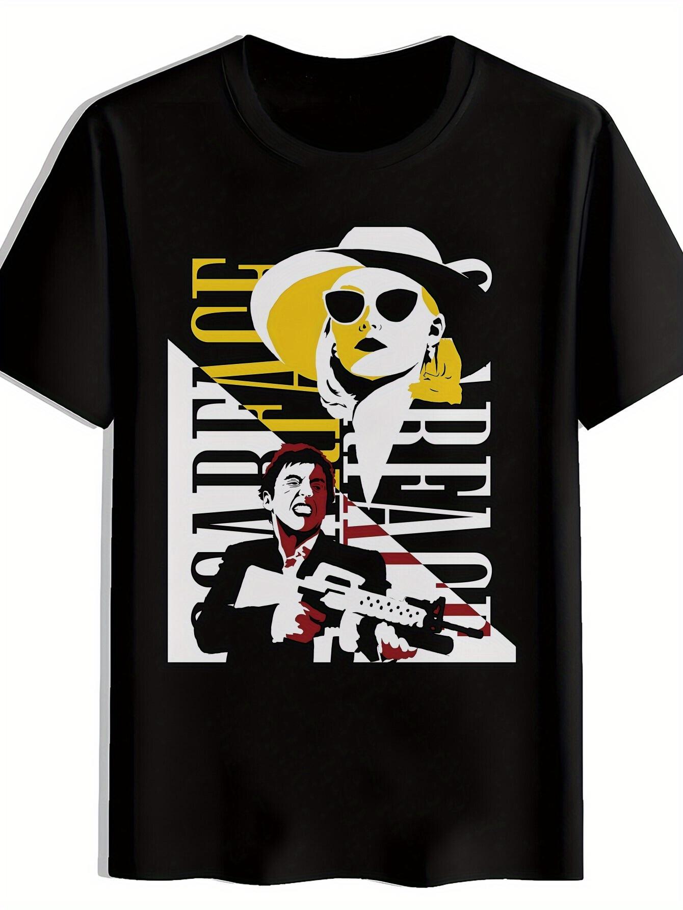 Scarface Movie Graphic T-shirt - Tony Montana Design with Guns - Black Tee - Lightweight Polyester Casual Shirt for Film Fans L