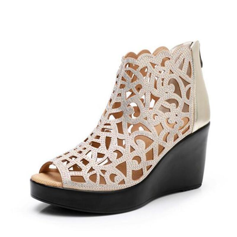 Fashion GKTINOO 2025 Summer New Open Toe Hollow Rhinestone Shoes Wedge Sandals High Heel Sandals Fashion Elegant Women Sandals