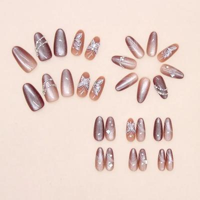 30pcs Long Almond False Nails French Cat Eye Gradient Line Press On Nails Love Heart Cherry Sparkling Pearl Fake Nials DIY