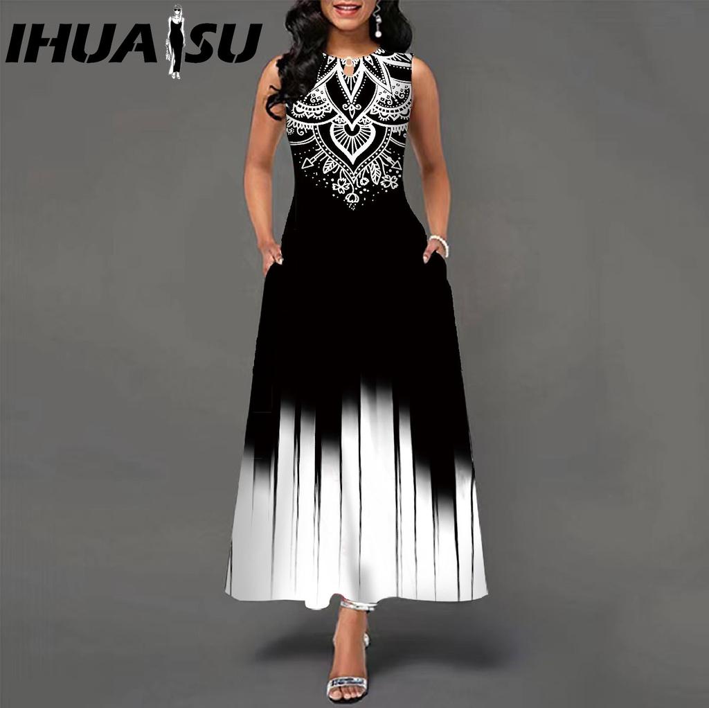 IHUASU 48 Farben Neues Damen Lockeres Vintage Blumenmuster Rüschenkleid Befree Kleid Großes Sommerparty Tanktops Elegante Maxikleider