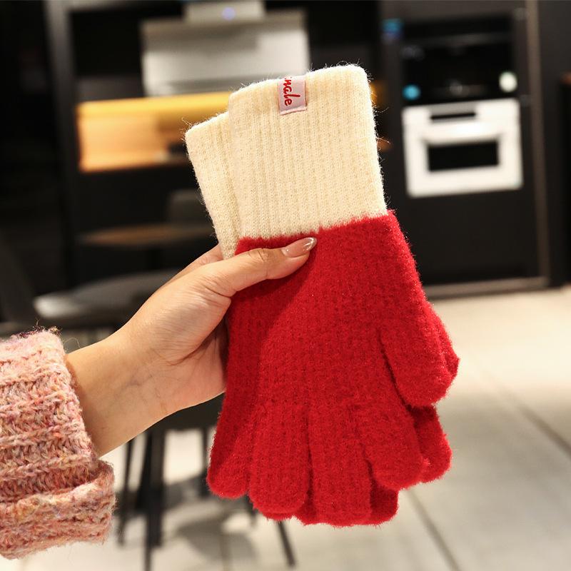 Blue knitted plush gloves for women's winter 2025 new plush warm riding thickened and cold-proof