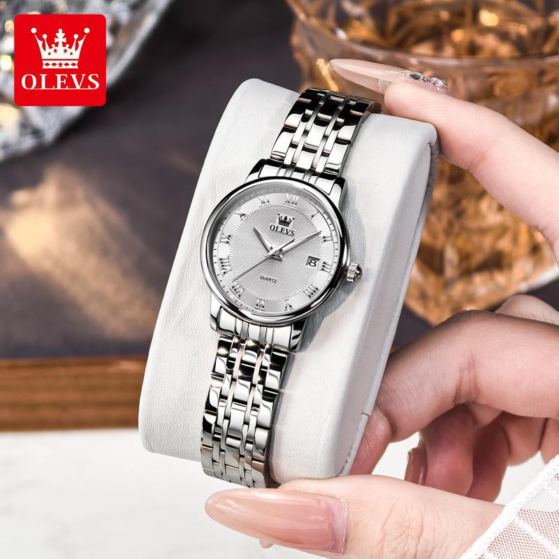 OLEVS Kvarts Klokker for Dame Ultratynn Solid Stållenke Elegant Mote Romersk Skala Auto Dato Vanntett Dameklokker