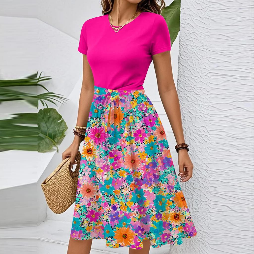 Women's Casual Fashion Belted Floral Print Short Sleeve Round Neck Elegant Dress