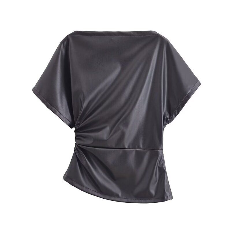 Fashion Style 2024 Spring New Arrival Women's Silm off-Neck Short Sleeve Ruched Decorative Leather Tops 5479322