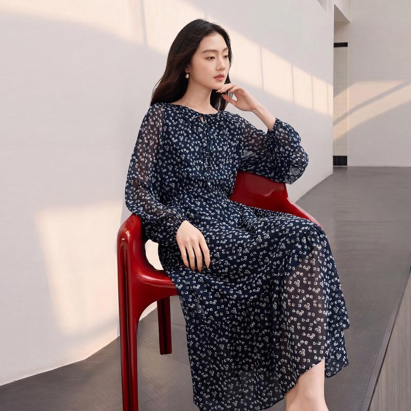 Sancai 2026 Autumn French Floral Ruffle A-line Long Sleeve Dress
