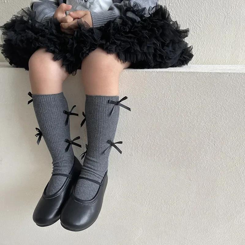 2 Pairs Girls Cotton Tube Socks With Cute Bow Vertical Striped Baby Stockings For Spring Autumn Winter New Arrival