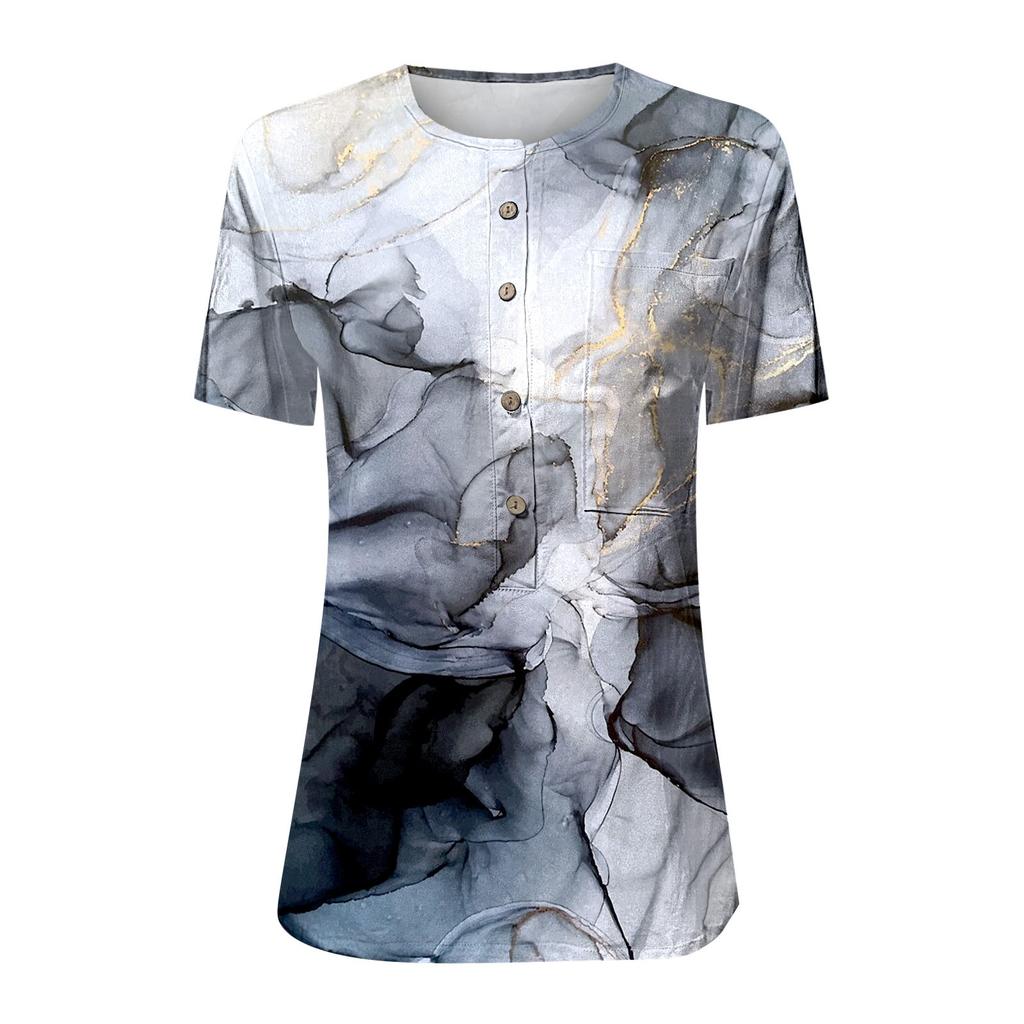 Women's Summer Casual Fashion Cotton Linen Printed Women's Short Sleeve Shirt Tops