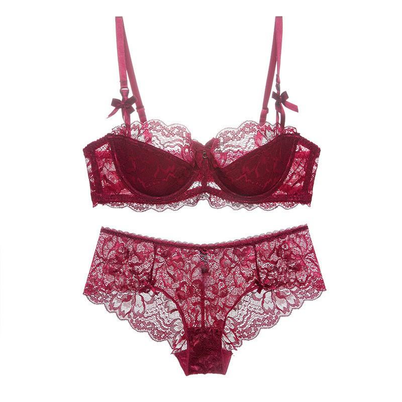 Lace Womens Half-Cup Bra Set With Thin Straps Breathable Supportive Plus Size Grey Red Black