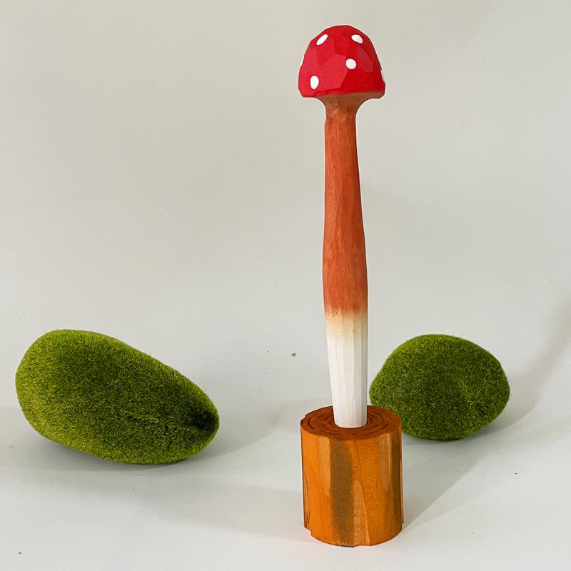 Cute Mushroom Handmade Wooden Carving Pen with Penholder - Creative Study Gift