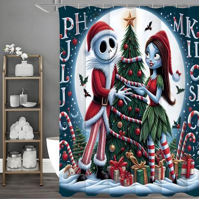 Christmas Scary Doll Christmas Tree Shower Curtain, Bathroom Decorative Shower Curtain, Waterproof Shower Curtain with Hooks