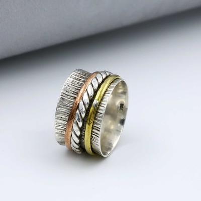 925 Sterling Silver Spinner Band Ring, Boho Designer Ring, Three Tone Ring, Anniversary Gift, Silver Jewelry, Fashion Jewelry