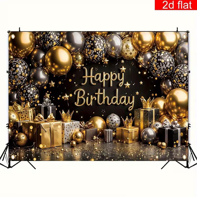 2D Black Gold Happy Birthday Backdrop, Balloon & Gift Party Background