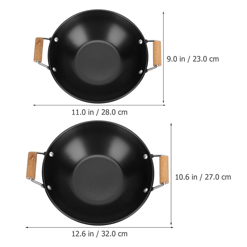 Plancha de Acero Inoxidable Sartén de Inducción para Freír Cocina Espesada Olla Seca Mango Individual de Madera Suministro de Cocina Doble Asa