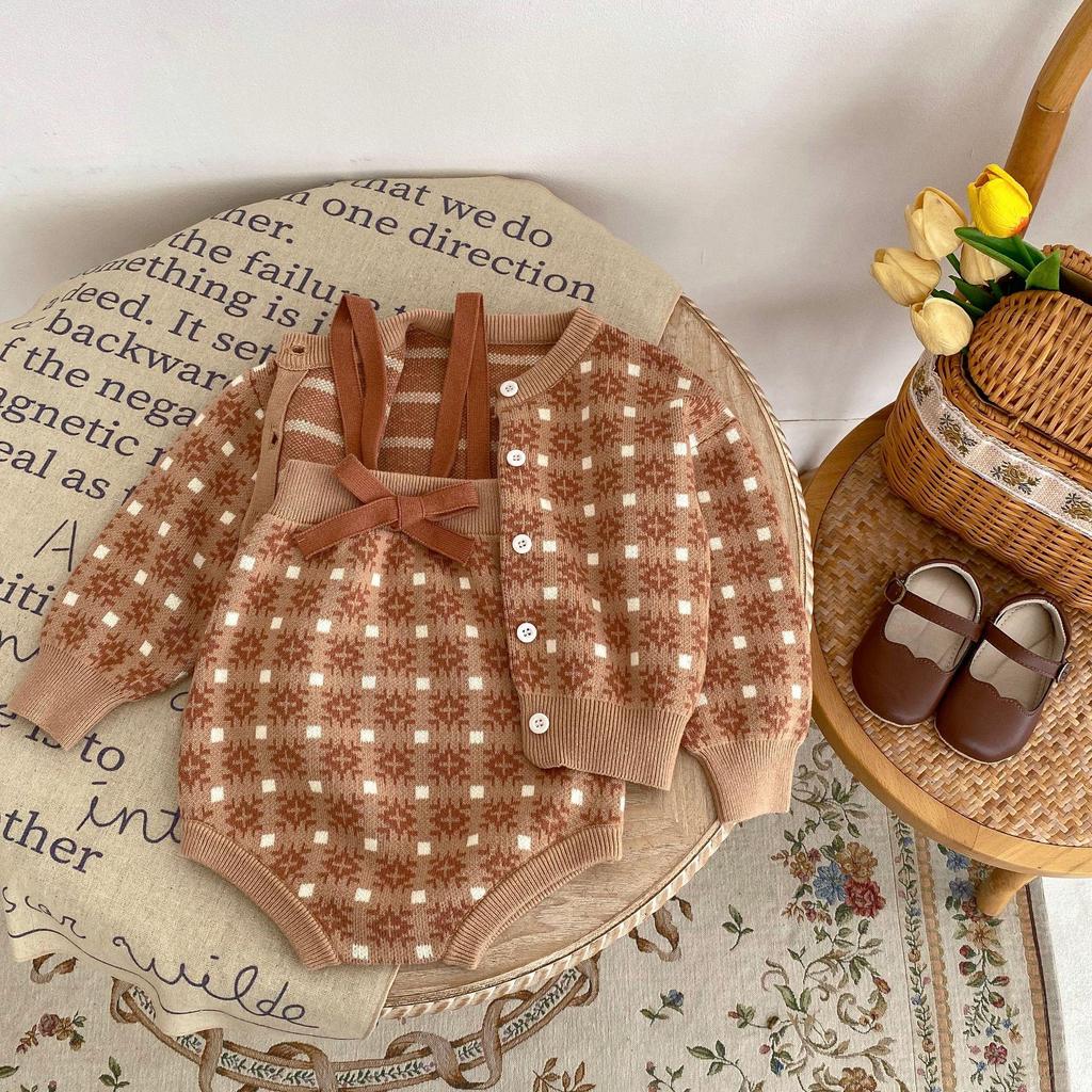 2025 Herbst Kleinkind Mädchen Übergröße Kontrast Strickjacke & Schleife Strampler Set