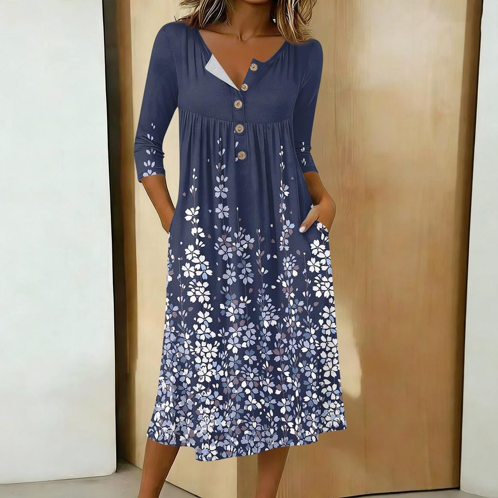 Women's Fashionable Color Printed Round Neck 3/4 Sleeve Button Collar Mid Length Casual Dress