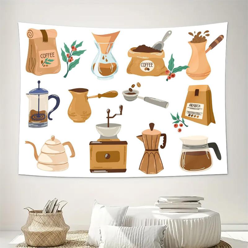 Coffee Theme Kitchen Tools Art Wall Tapestry Machine Washable All Season Decor Print Coffee Making Equipment Design Home