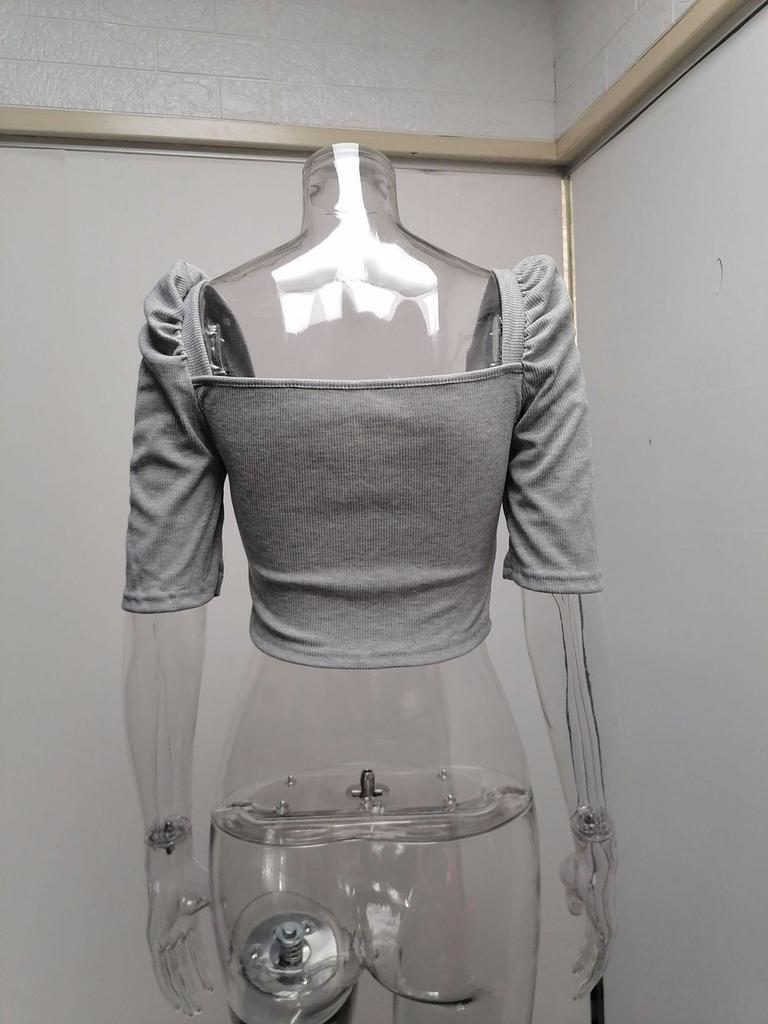 Women's Spring New Women's Simple Square Neck Puff Sleeve Top Women's Short Sleeve