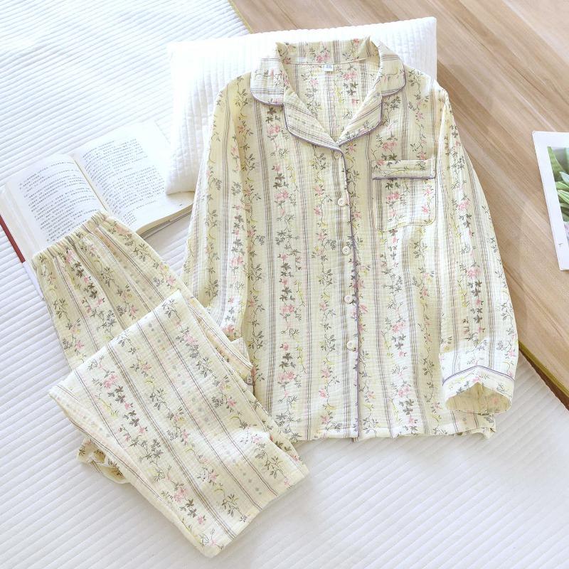 2026 New Women's Spring and Autumn Pajama Set 100% Cotton Crepe Soft Thin Long Sleeve Long Pants Home Clothes Two Piece Set