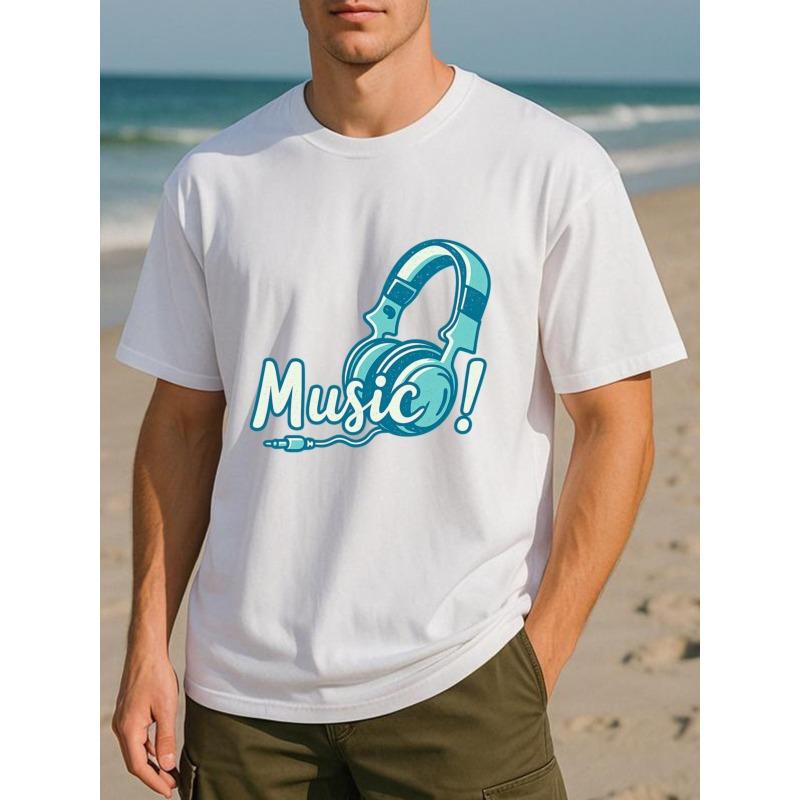 Fashionable sky blue earphone Men s printed short-sleeved T-shirt, casual summer short-sleeved, pure cotton short-sleeved, Men s clothing S белый
