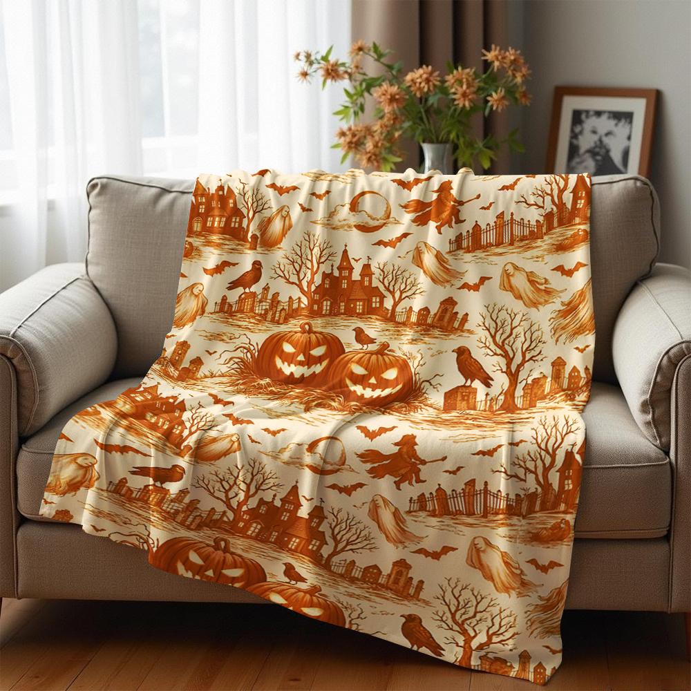 Vintage Halloween Scene Soft Flannel Blanket Breathable Warm Throw for Office Car Sofa Kids Room Birthday Xmas Gift