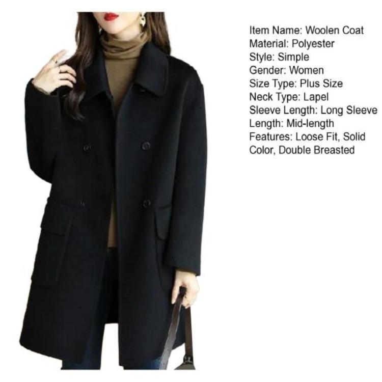 Warm Winter Woolen Coat Double Breasted Lapel Midlength Solid Color Women Overcoat Loose Fit Thickened Flap Pockets Autumn