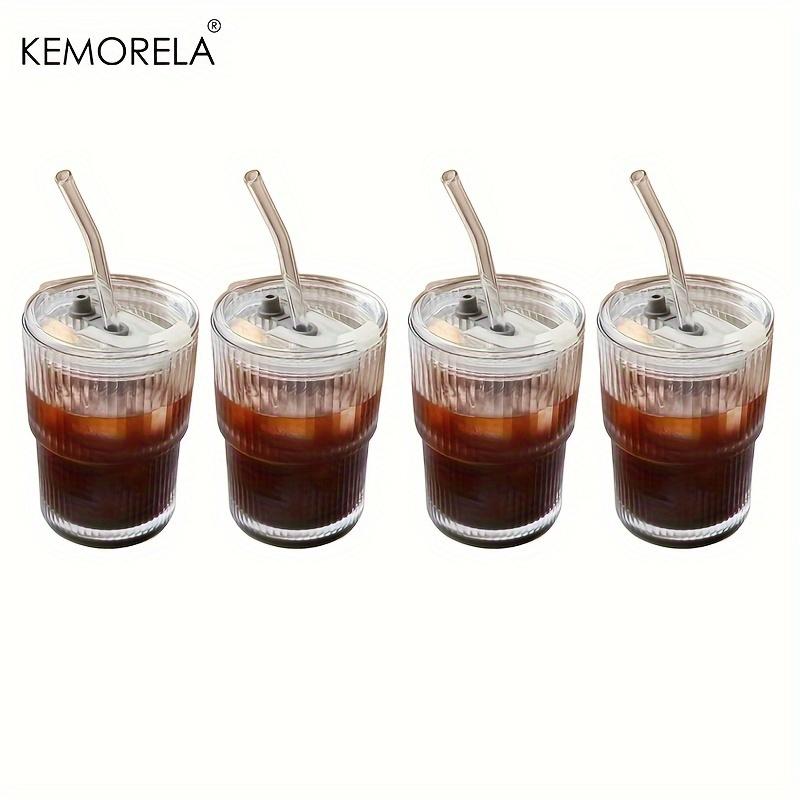 

4/6PCS 450ml Stripe Glass Cup Transparent Glasses With Lid and Straw Ice Coffee Mug Tea Cup Juice Glass Milk Water Cup Drinkware 401-500ml