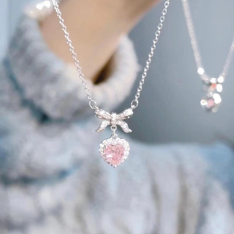 Fashion Pink Sweet Heart Zircon Necklace Women Aesthetic Clavicle Chain Necklace Valentines Day Gift Party Jewelry
