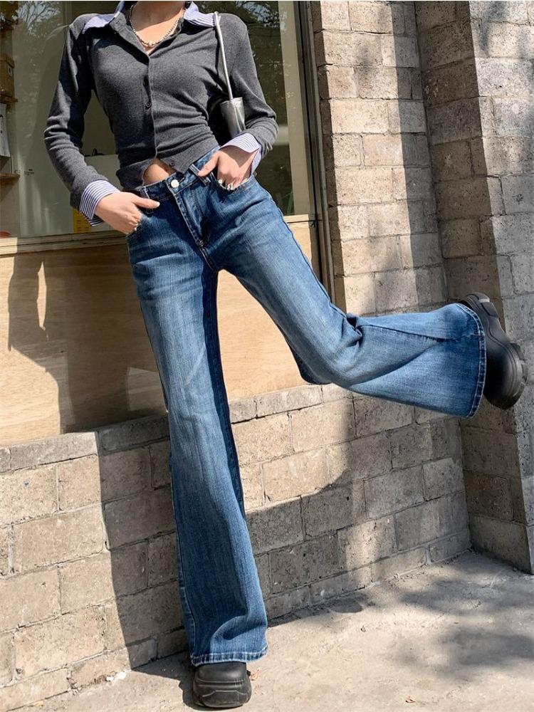 Blaue Jeans Damen Herbst Kleine Leute Hüftjeans Weite Hose Vielseitige Skinny Micro Flare Hose Jeans für Damen Lange Denimhose