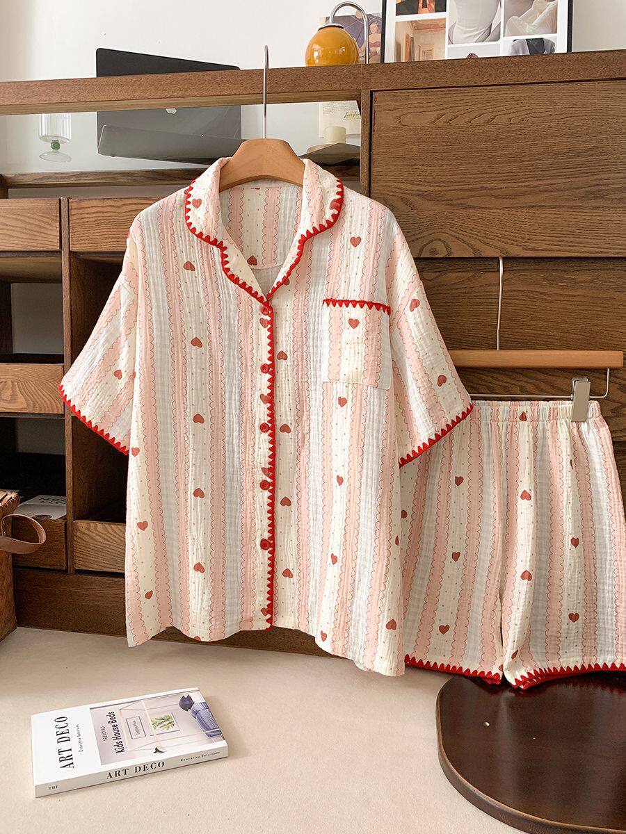 

INS wind striped love pajamas women s summer short-sleeved shorts edge set women s casual and comfortable loungewear S