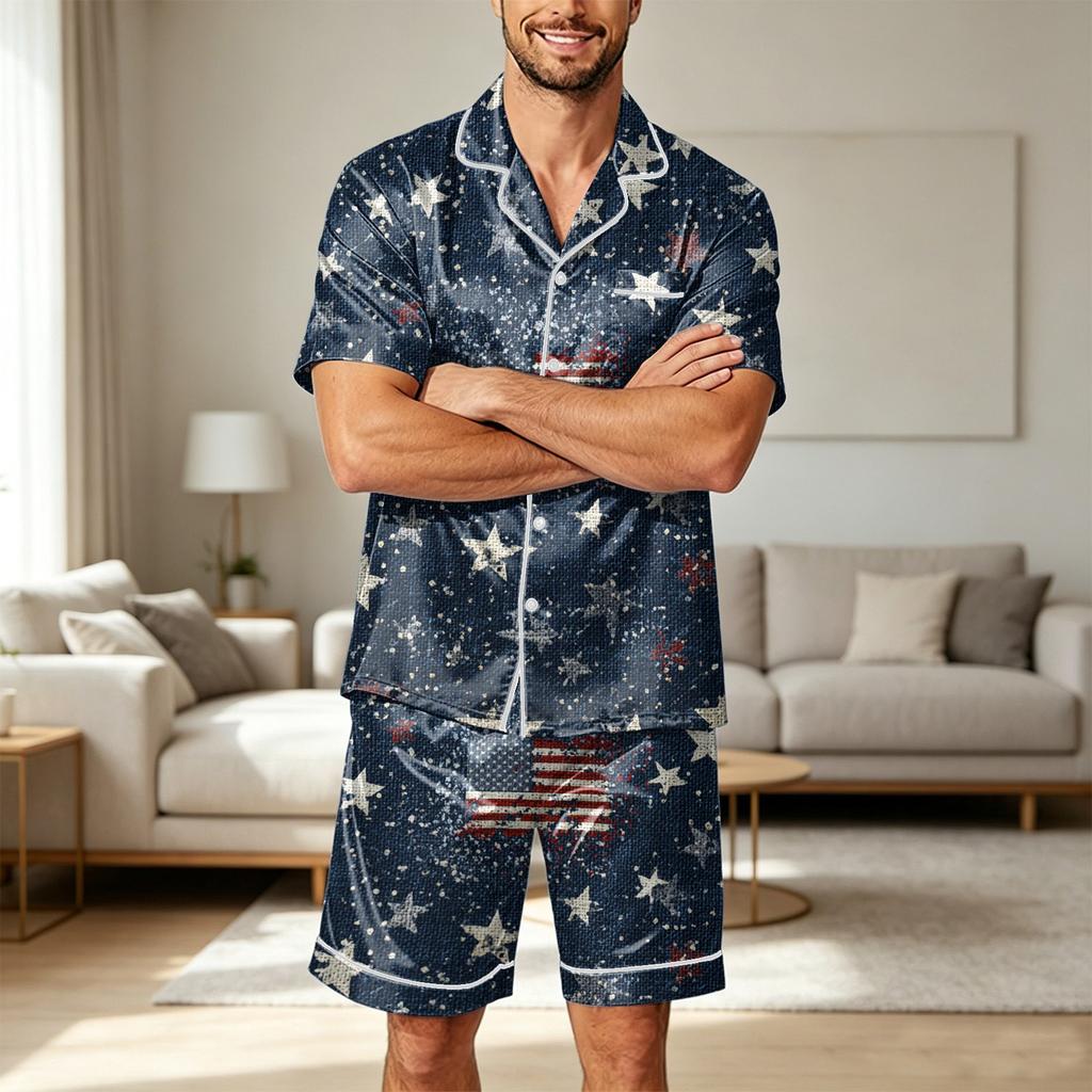 Men Satin Short Sleeve Pajama Set Two Piece Sleepwear with Shorts and Pocket Lightweight Smooth Fabric Comfortable Fit