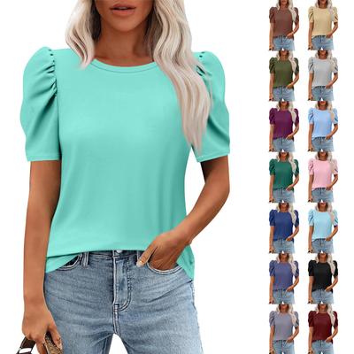 Women Casual Puff Short Sleeve Tops Fashion Round Neck Tunic Shirts Summer Clothes