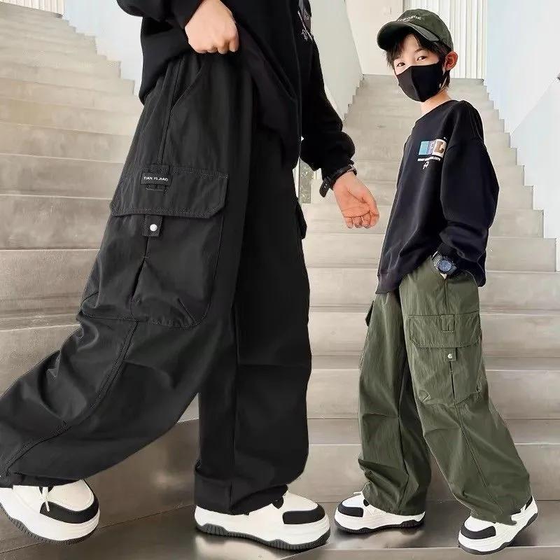 Boys Cargo Pants Children Spring Casual Trousers Children Autumn Straight Loose Pants Teenager Solid Color Wide-leg Clothing