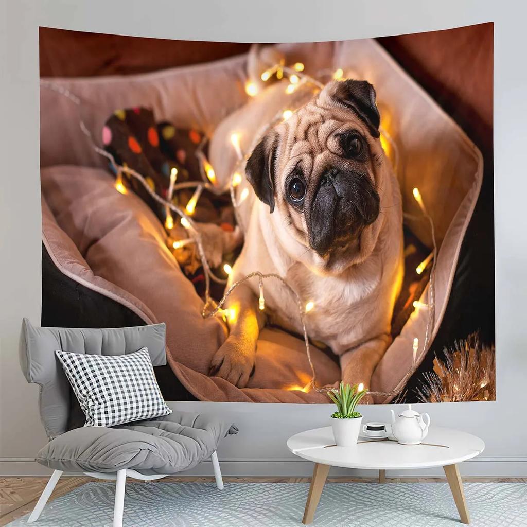 Pug Dog Tapestry Cute Black Animals Tapestry Autumn Fallen Leaves Tapestry Home Living Room Bedroom Wall Modern Art Tapestries