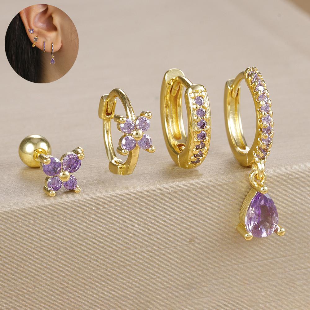 4PCS Zircon Star Moon Flower Small Hoop Earrings Set For Women Stainless Steel Huggies Pendant Piercing Earrings Jewelry Aretes