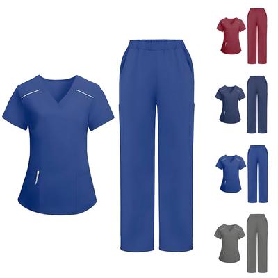 Ladies' Loose And Comfortable V,neck Short Sleeved Workwear With Multiple Pockets Suit Set